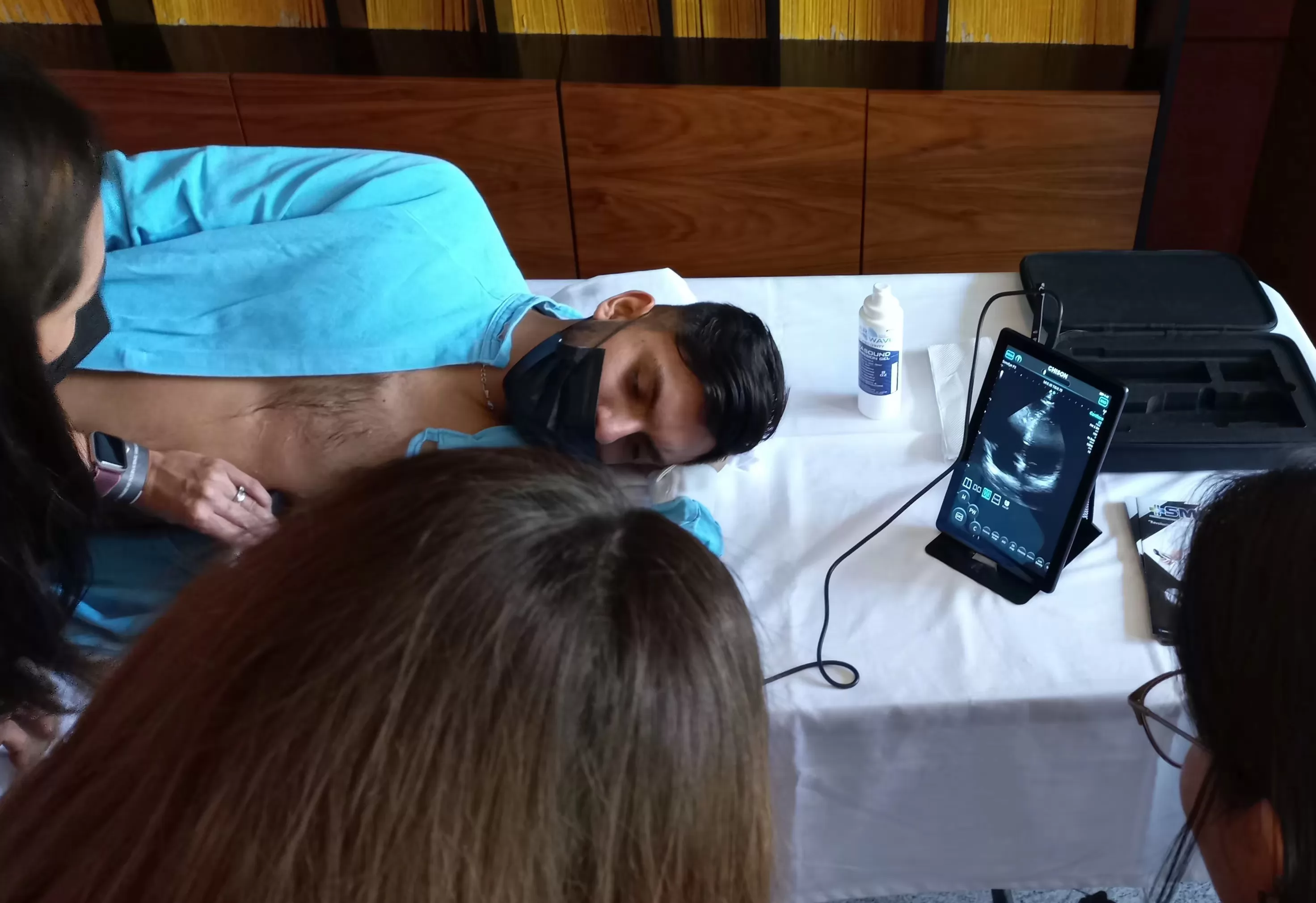 Basic scanning techniques are demonstrated with probe position graphics, anatomical schematics and clinical image examples.